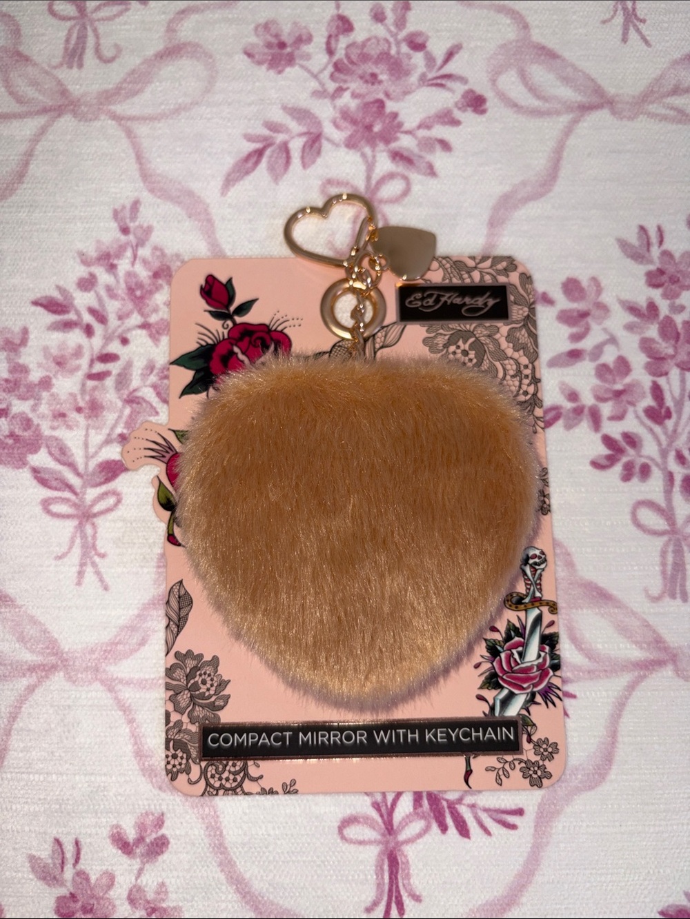 Ed Hardy Tan Faux Fur Heart Keychain Compact Mirror